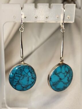 Turquoise Drop Dangle Earrings, Signed Mexico Sterling